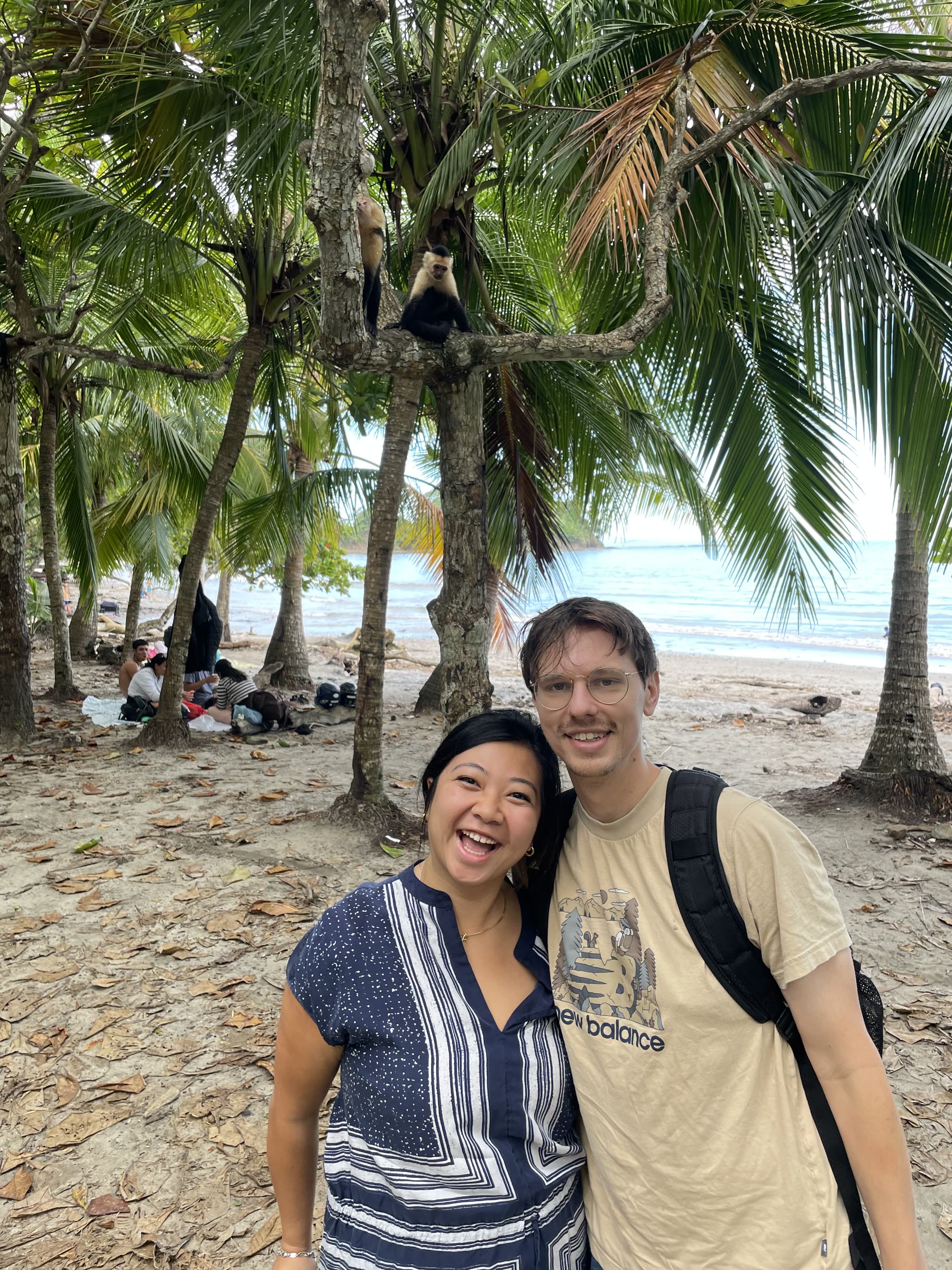Guests under the palms at Playa Mantas on a best snorkel tour Jaco beach day