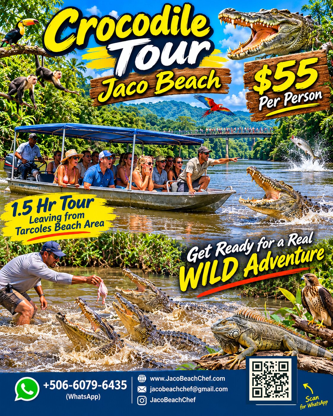 Crocodile Tours near Jacó Beach — $55 per person, 1.5-hour Tárcoles River boat safari, Jaco Beach Costa Rica