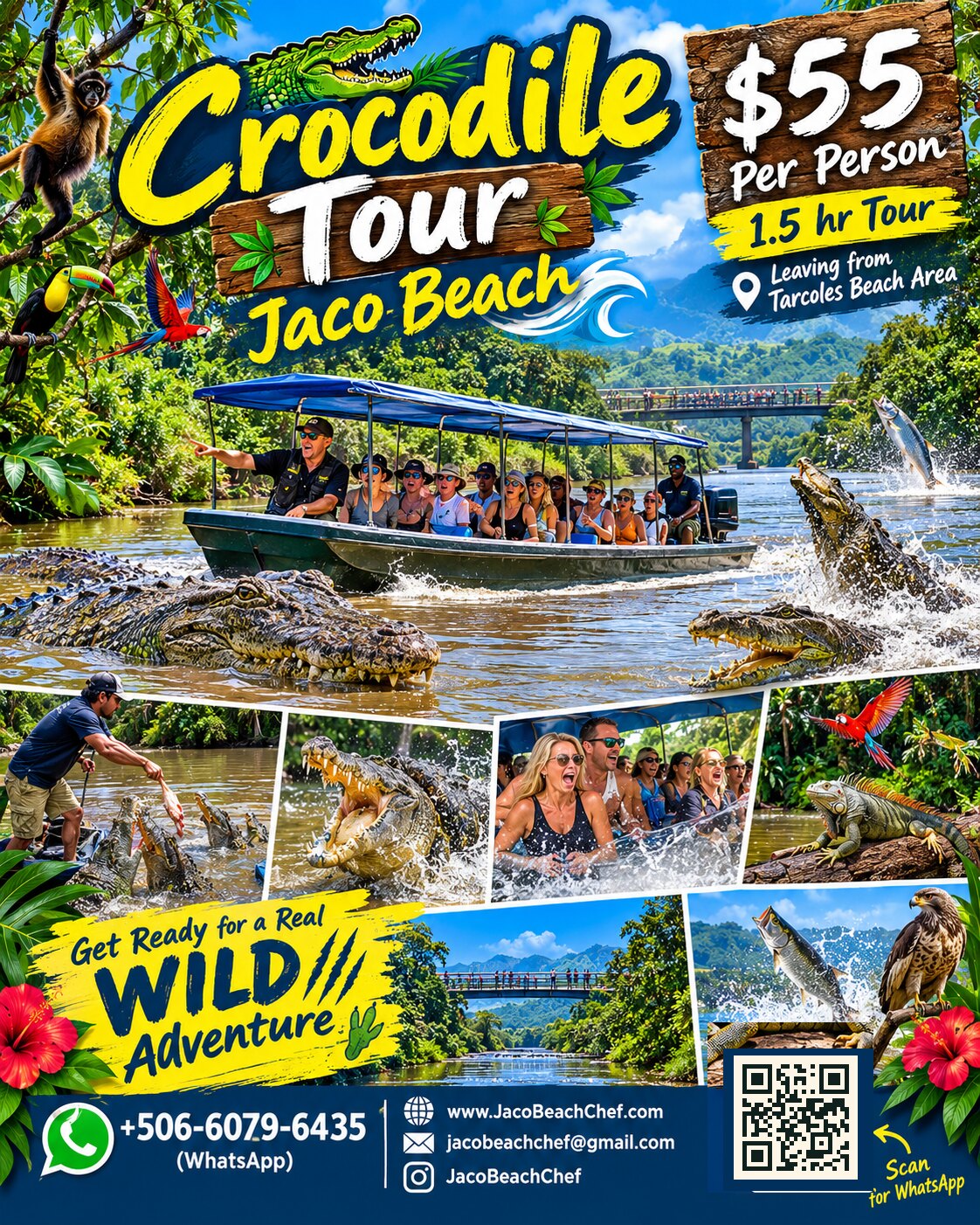 Crocodile Tour Jacó Beach — wild crocodiles, monkeys, iguanas and macaws on a Tárcoles River boat safari, $55 per person