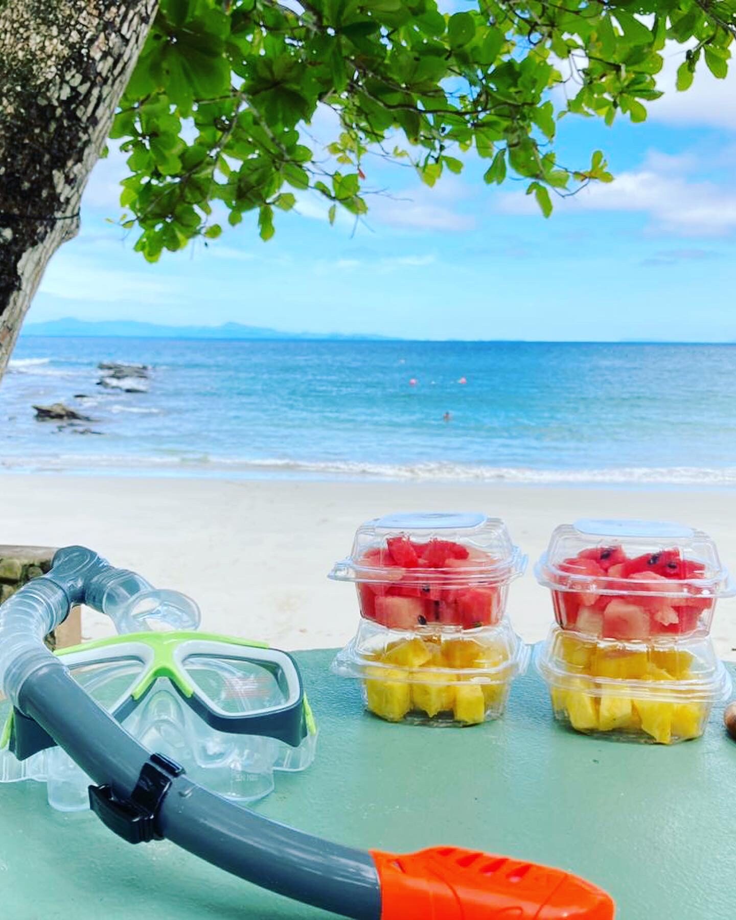 Snorkel mask and fresh fruit cups on the table at Playa Mantas — top snorkel tour Jaco beach