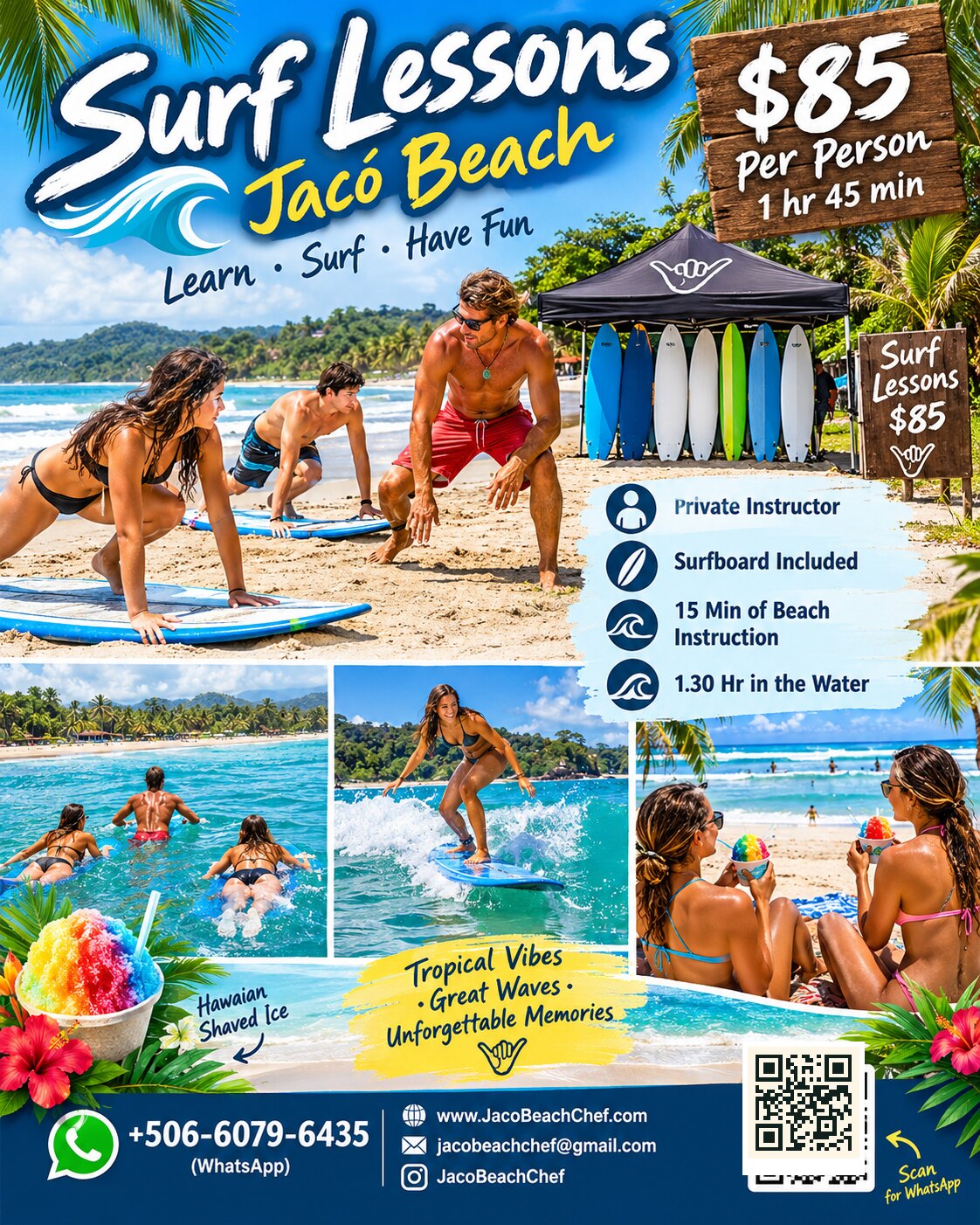 Surf Lessons Jacó Beach — $85 per person, private instructor and surfboard included, learn to surf in Jacó