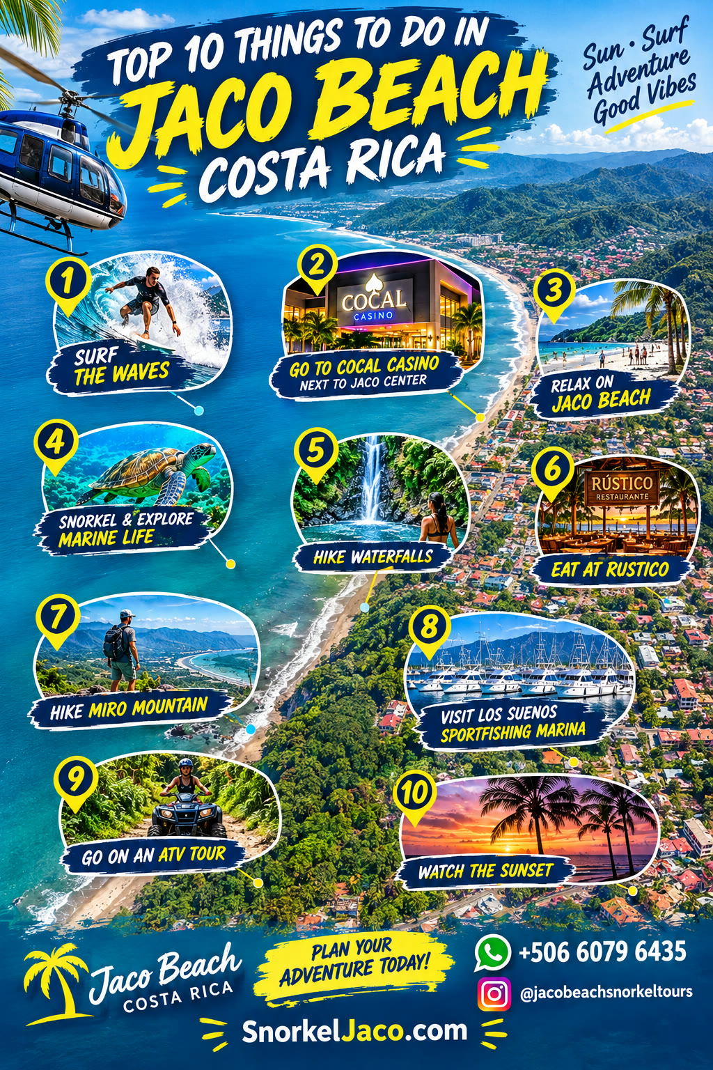 Top 10 things to do in Jaco Beach, Costa Rica — surf, snorkeling, waterfalls, ATV tours and sunsets infographic